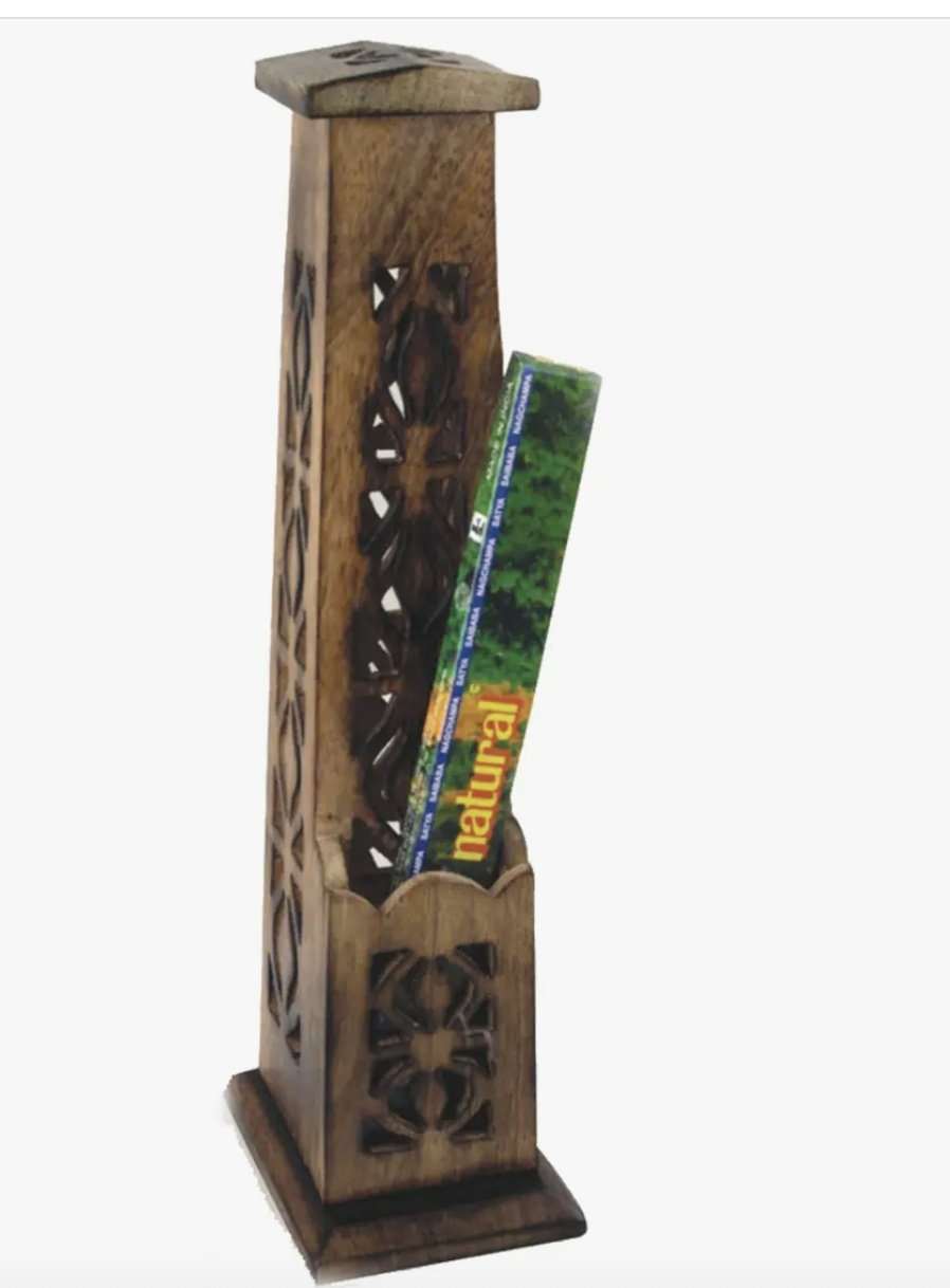 12" Carved Wooden Incense Burner Tower Sacred Crystals