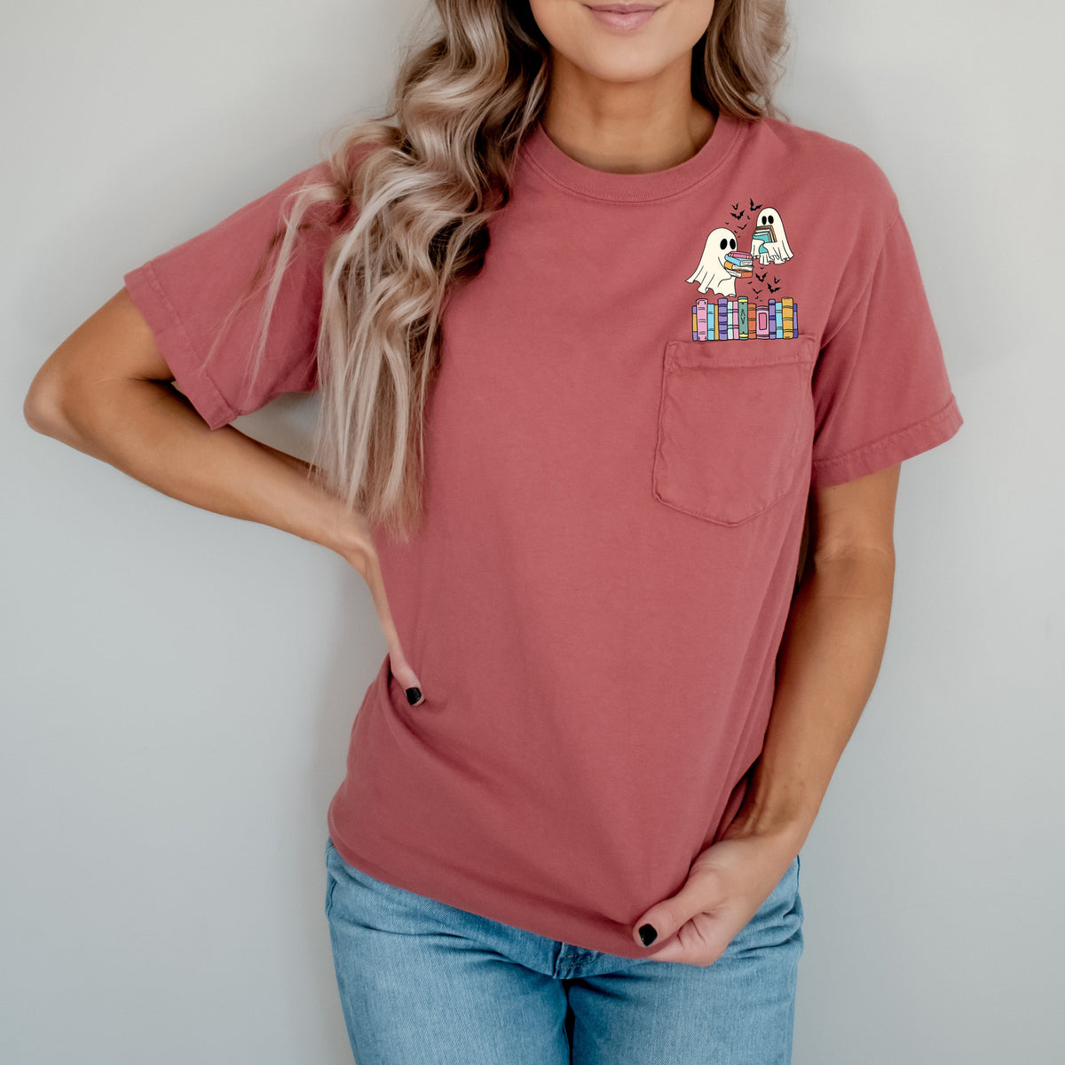 Cute Book Lover Ghosts Reading Library Pocket Halloween Season Comfort Colors Tee Refinery No. 1