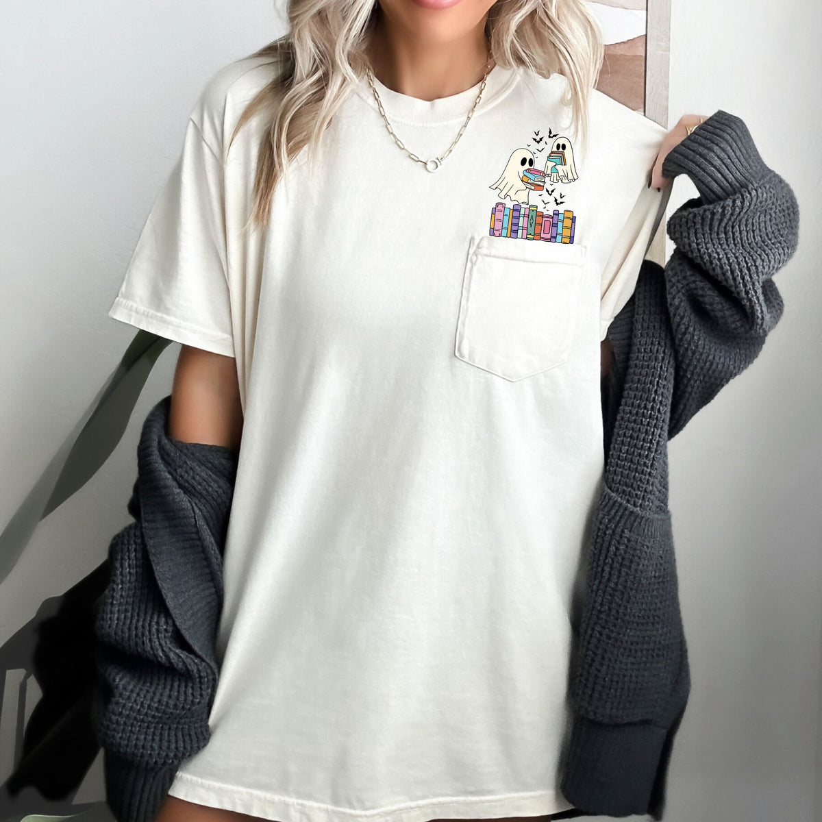 Cute Book Lover Ghosts Reading Library Pocket Halloween Season Comfort Colors Tee Refinery No. 1