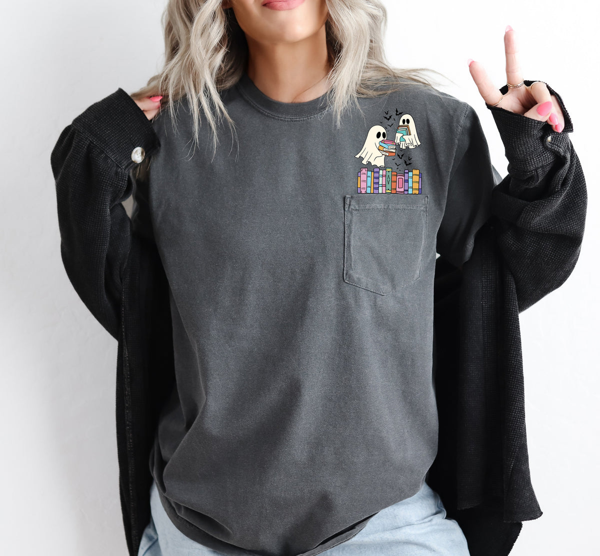 Cute Book Lover Ghosts Reading Library Pocket Halloween Season Comfort Colors Tee Refinery No. 1