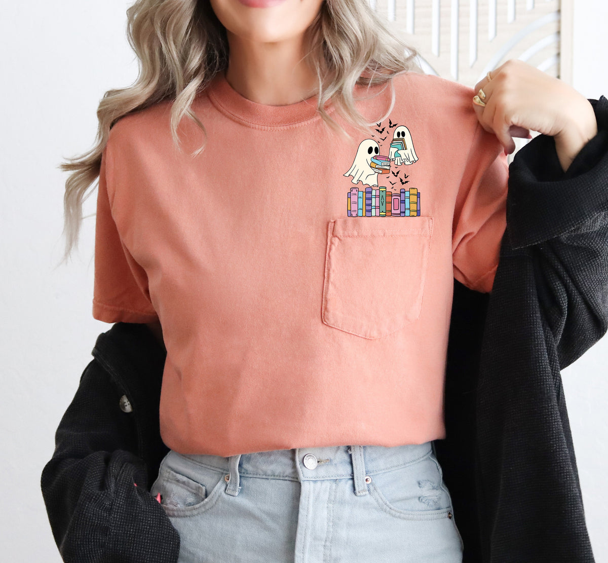 Cute Book Lover Ghosts Reading Library Pocket Halloween Season Comfort Colors Tee Refinery No. 1