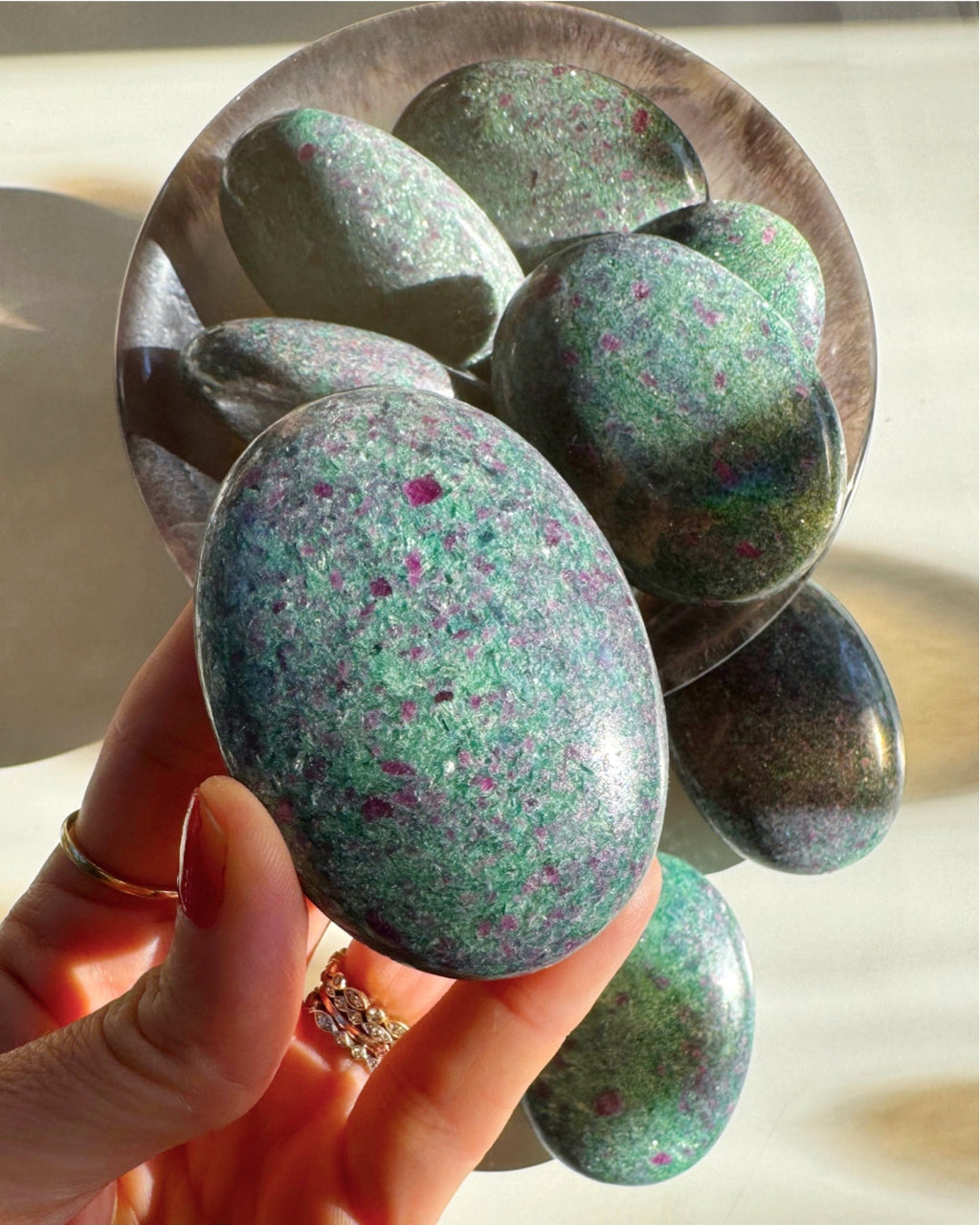 Ruby in Fuchsite with Blue Kyanite Palm Stones Baltic Mermaid