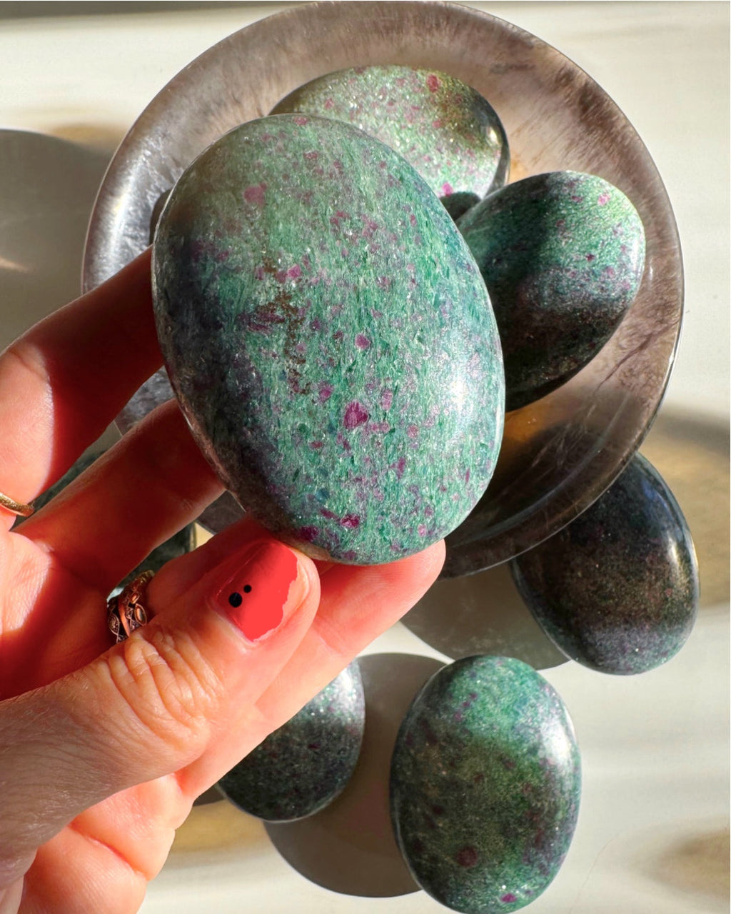 Ruby in Fuchsite with Blue Kyanite Palm Stones Baltic Mermaid