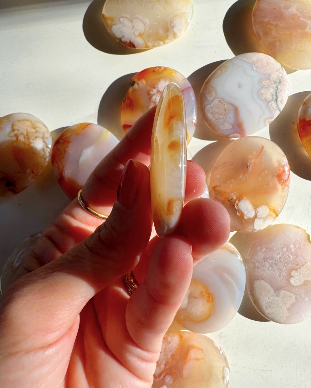 Flower Agate Flat Palm Stones Baltic Mermaid