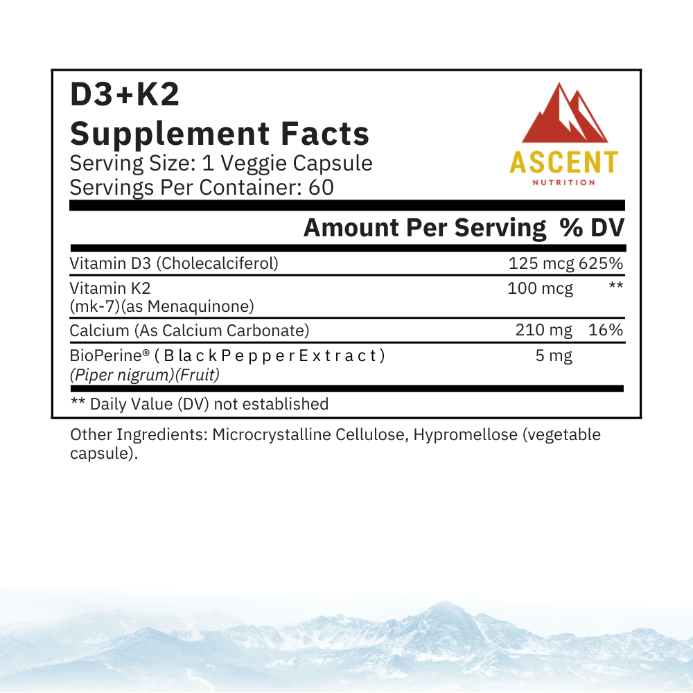 D3 + K2, 60 Capsules, 125 mcg D3 + 100 mcg K2 Ascent Nutrition