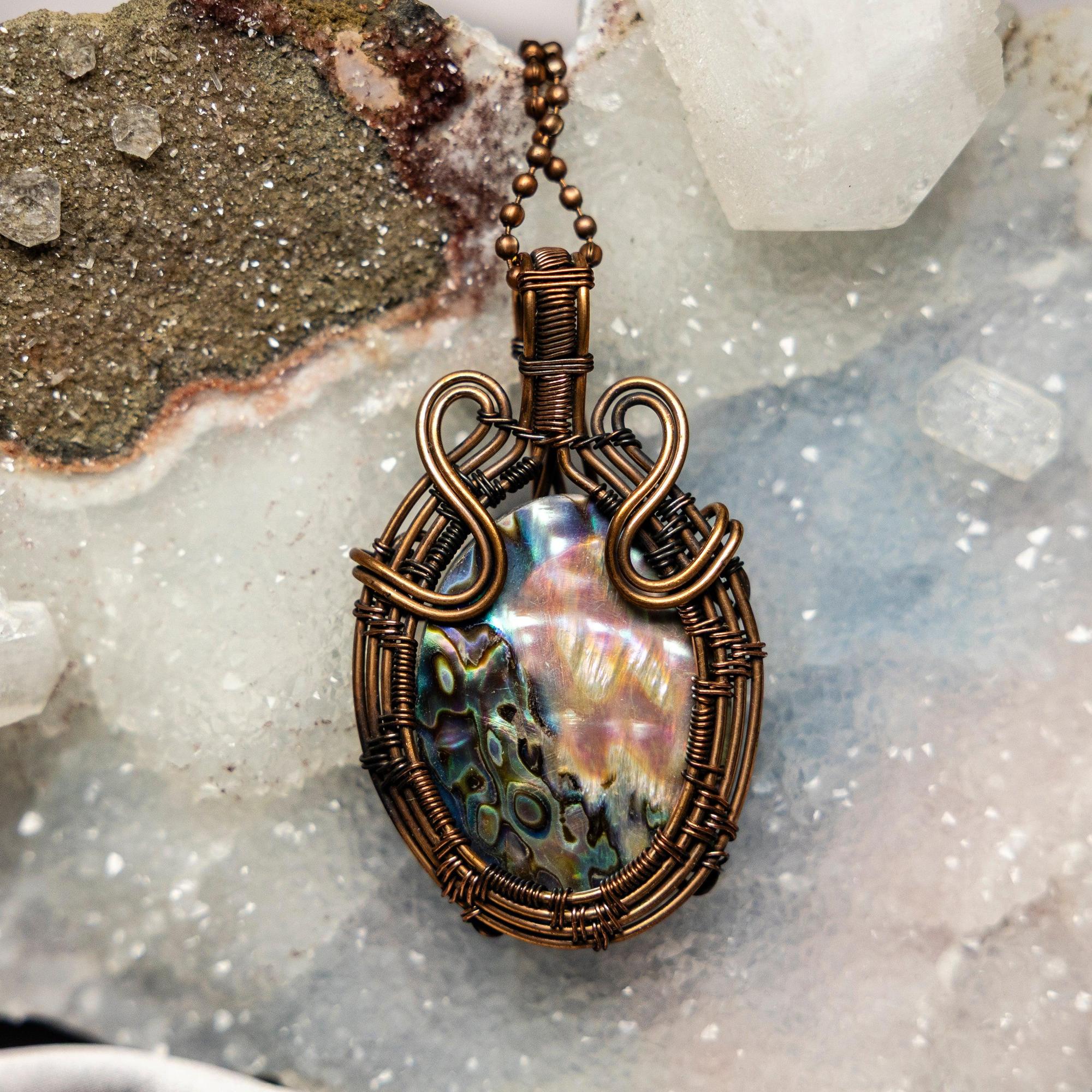 Abalone Shell Crystal Wire Wrapped Pendant in Copper Crystal Destiny