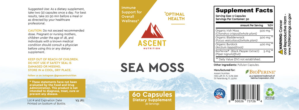 Organic Sea Moss, 60 Capsules, 500 mg Ascent Nutrition