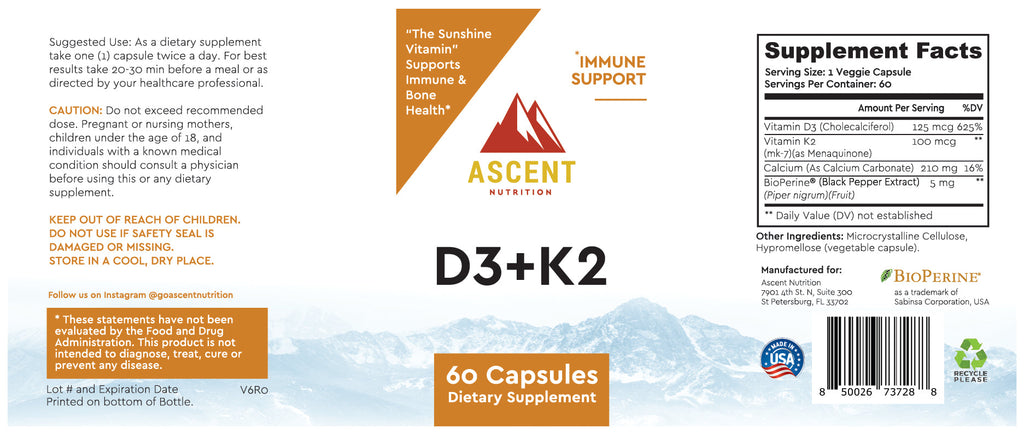 D3 + K2, 60 Capsules, 125 mcg D3 + 100 mcg K2 Ascent Nutrition