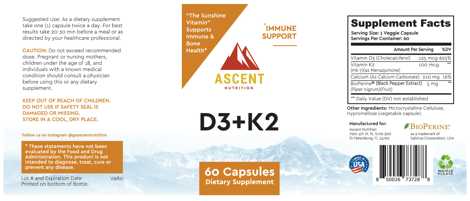 D3 + K2, 60 Capsules, 125 mcg D3 + 100 mcg K2 Ascent Nutrition