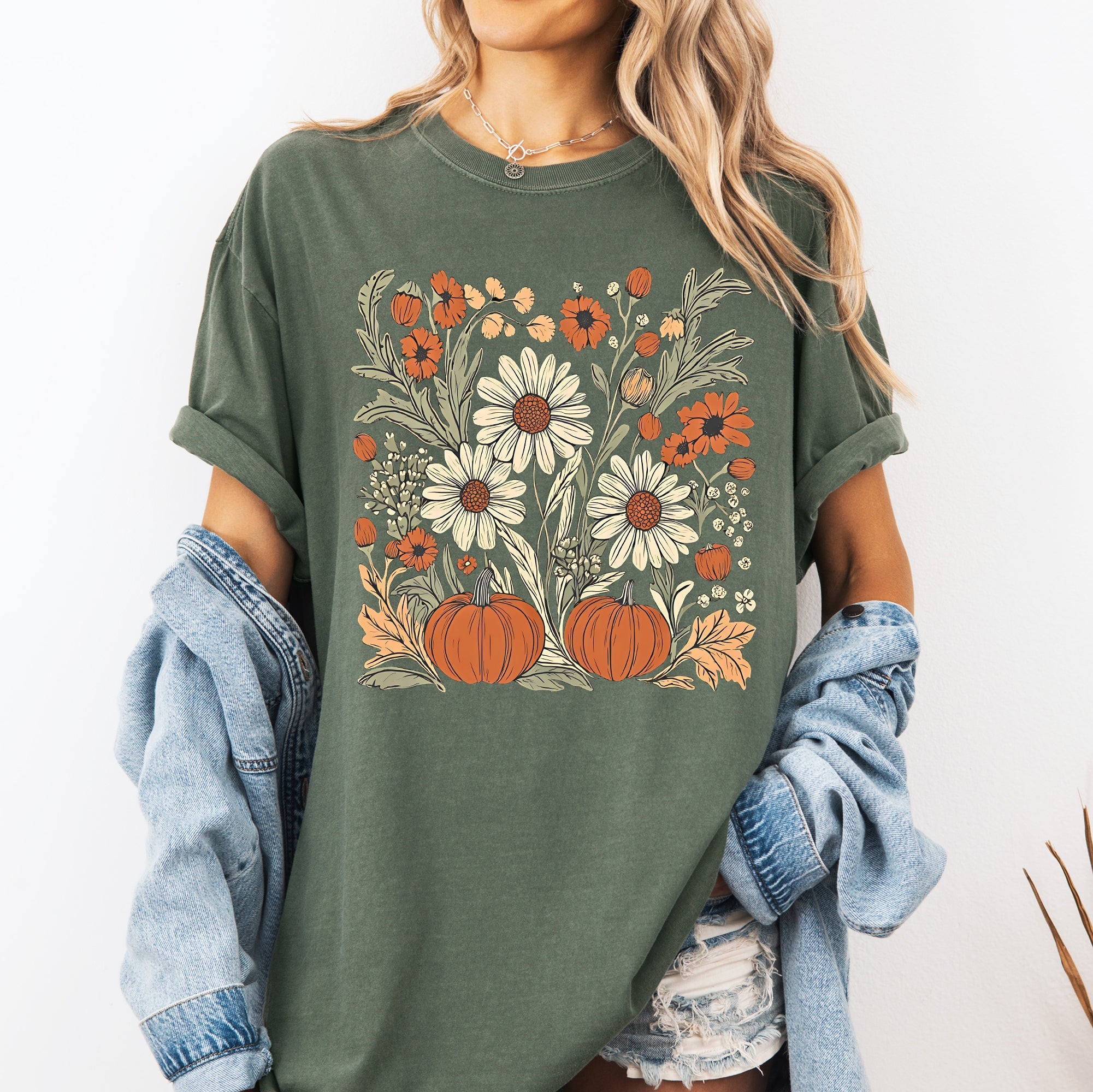 Autumn Botanical Floral Pressed Flowers Pumpkins Thanksgiving Harvest Comfort Colors Tee Refinery No. 1