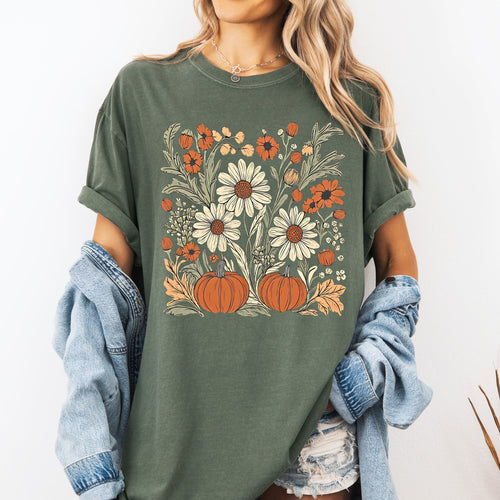 Autumn Botanical Floral Pressed Flowers Pumpkins Thanksgiving Harvest Comfort Colors Tee Refinery No. 1