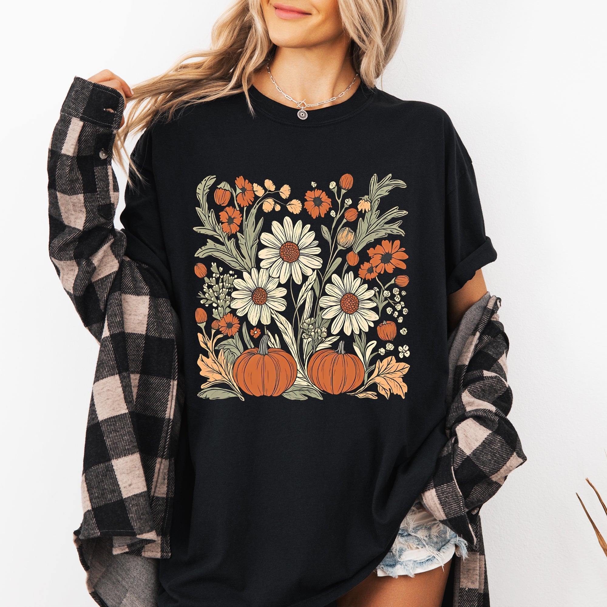 Autumn Botanical Floral Pressed Flowers Pumpkins Thanksgiving Harvest Comfort Colors Tee Refinery No. 1