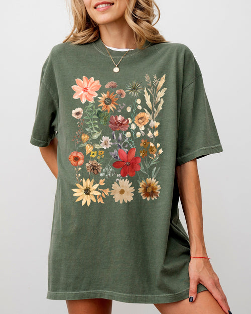 Autumn Pressed Flowers With Botanical Leaves And Rustic Fall Aesthetic For Nature Lovers Comfort Colors Tee Refinery No. 1