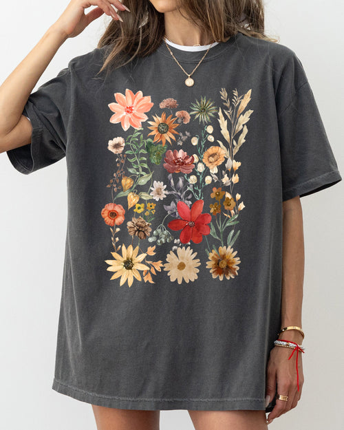 Autumn Pressed Flowers With Botanical Leaves And Rustic Fall Aesthetic For Nature Lovers Comfort Colors Tee Refinery No. 1