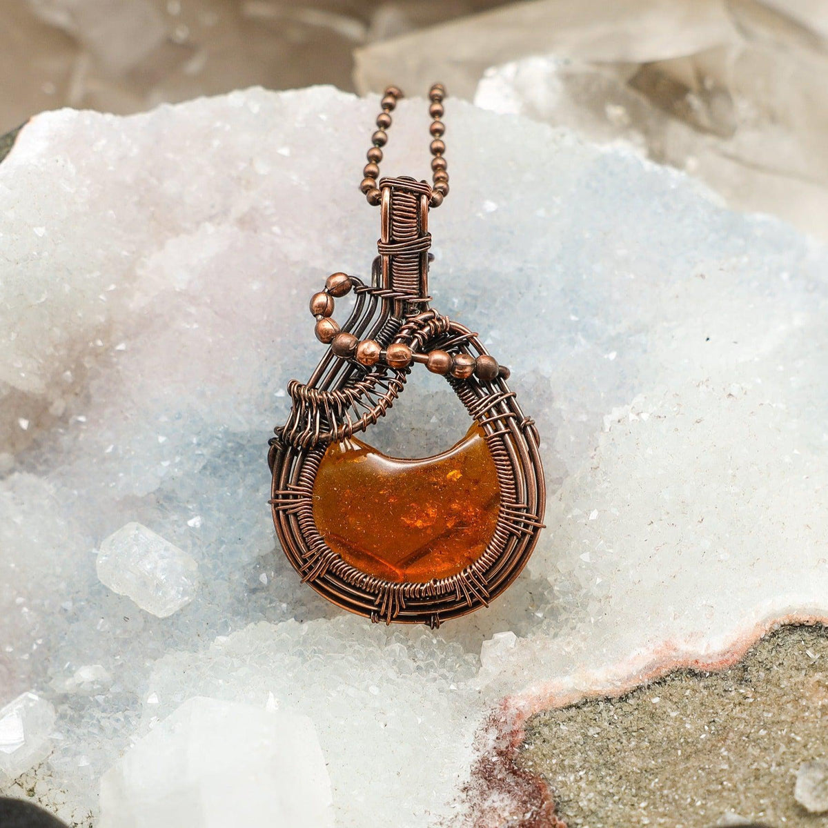 Baltic Amber Crystal Wire Wrapped Pendant in Copper Crystal Destiny