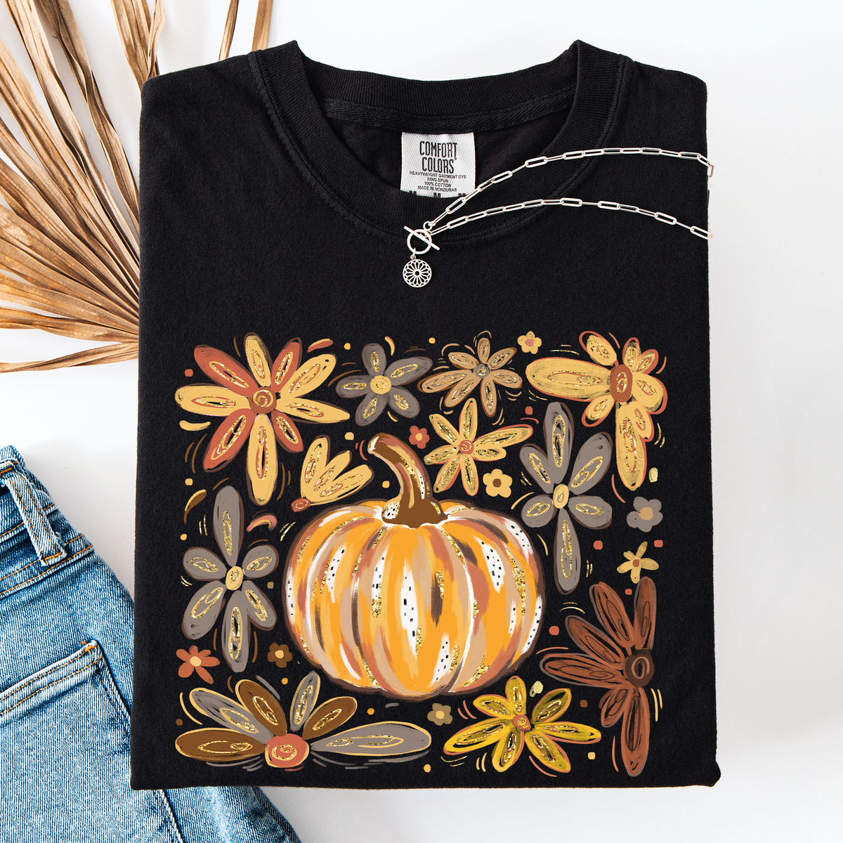 Beautiful Pumpkin Autumn Flowers Fall Floral Watercolor Vintage Inspired Comfort Colors Tee Refinery No. 1