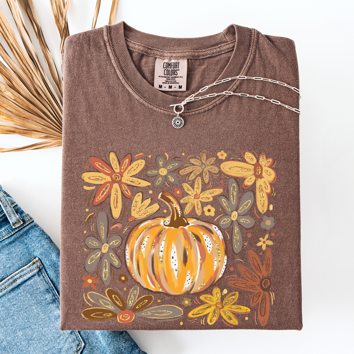 Beautiful Pumpkin Autumn Flowers Fall Floral Watercolor Vintage Inspired Comfort Colors Tee Refinery No. 1