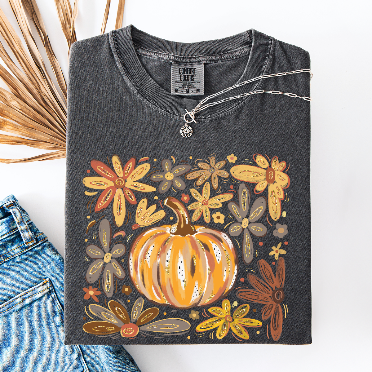 Beautiful Pumpkin Autumn Flowers Fall Floral Watercolor Vintage Inspired Comfort Colors Tee Refinery No. 1