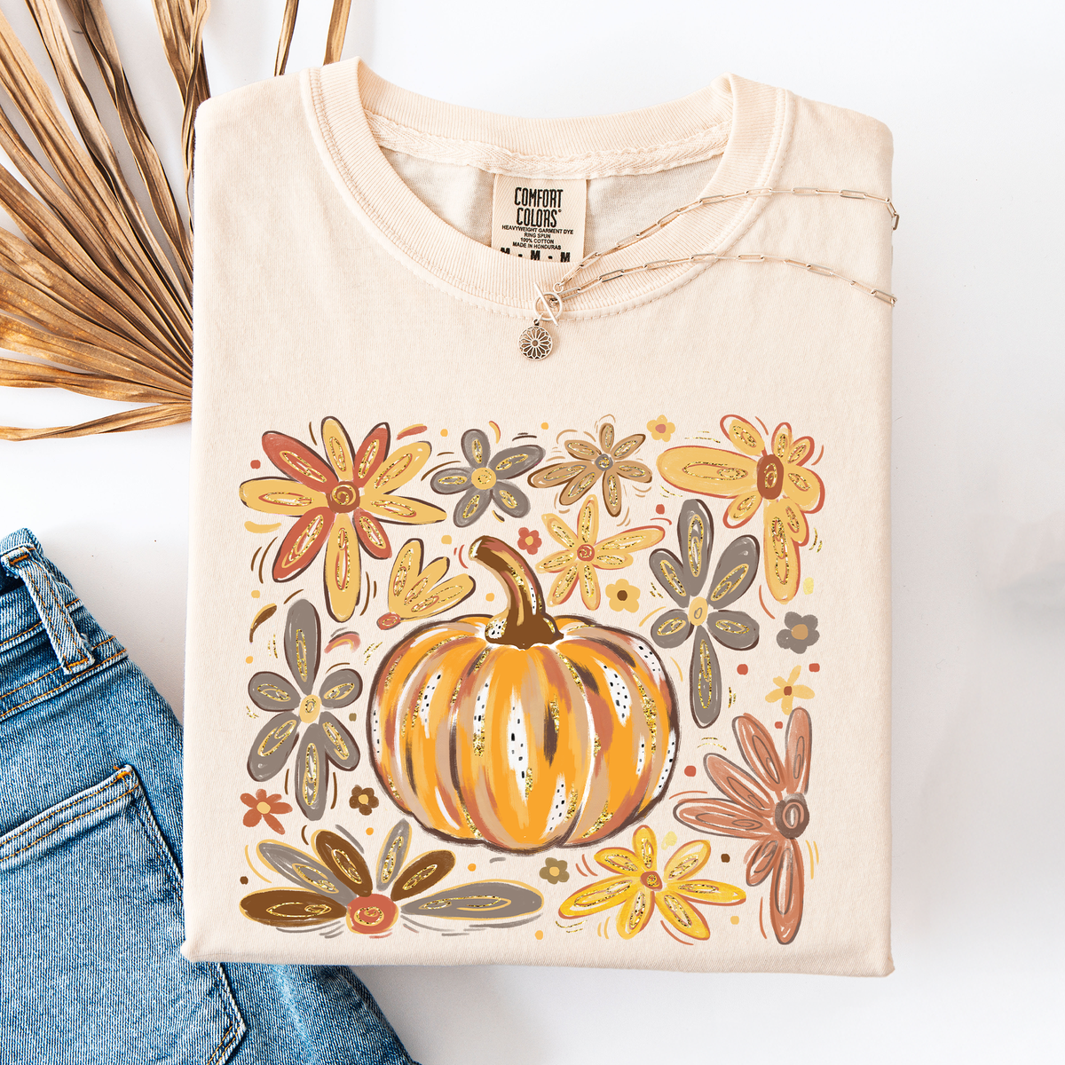 Beautiful Pumpkin Autumn Flowers Fall Floral Watercolor Vintage Inspired Comfort Colors Tee Refinery No. 1
