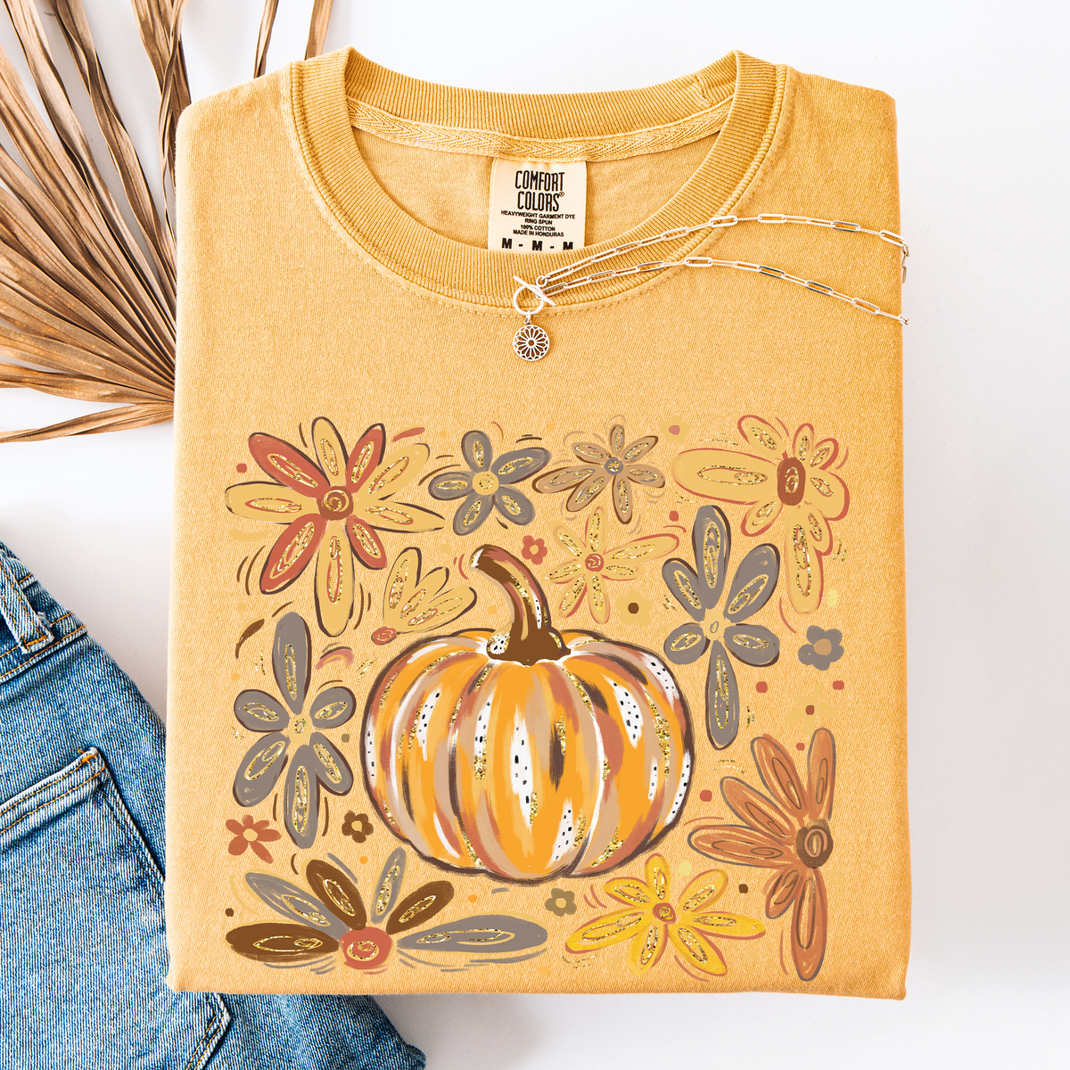 Beautiful Pumpkin Autumn Flowers Fall Floral Watercolor Vintage Inspired Comfort Colors Tee Refinery No. 1