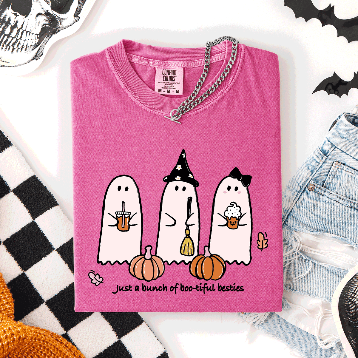 Besties Halloween Ghosts Cute Witch Pumpkin Festive Portrait Illustration Comfort Colors Tee Refinery No. 1