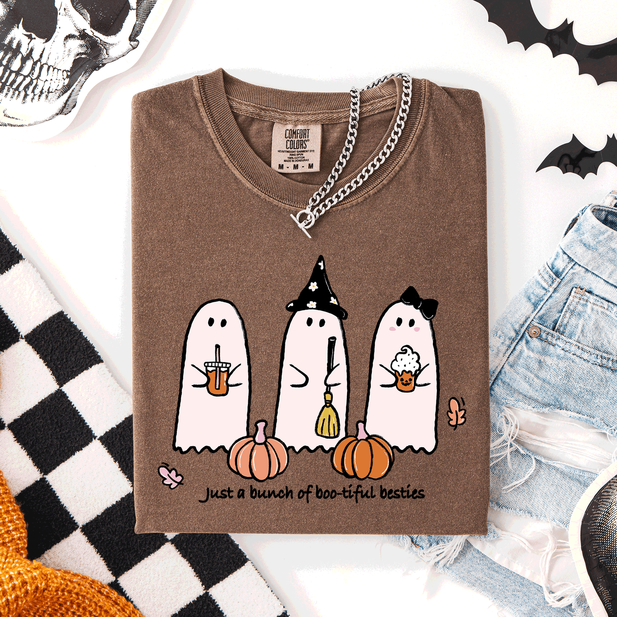 Besties Halloween Ghosts Cute Witch Pumpkin Festive Portrait Illustration Comfort Colors Tee Refinery No. 1