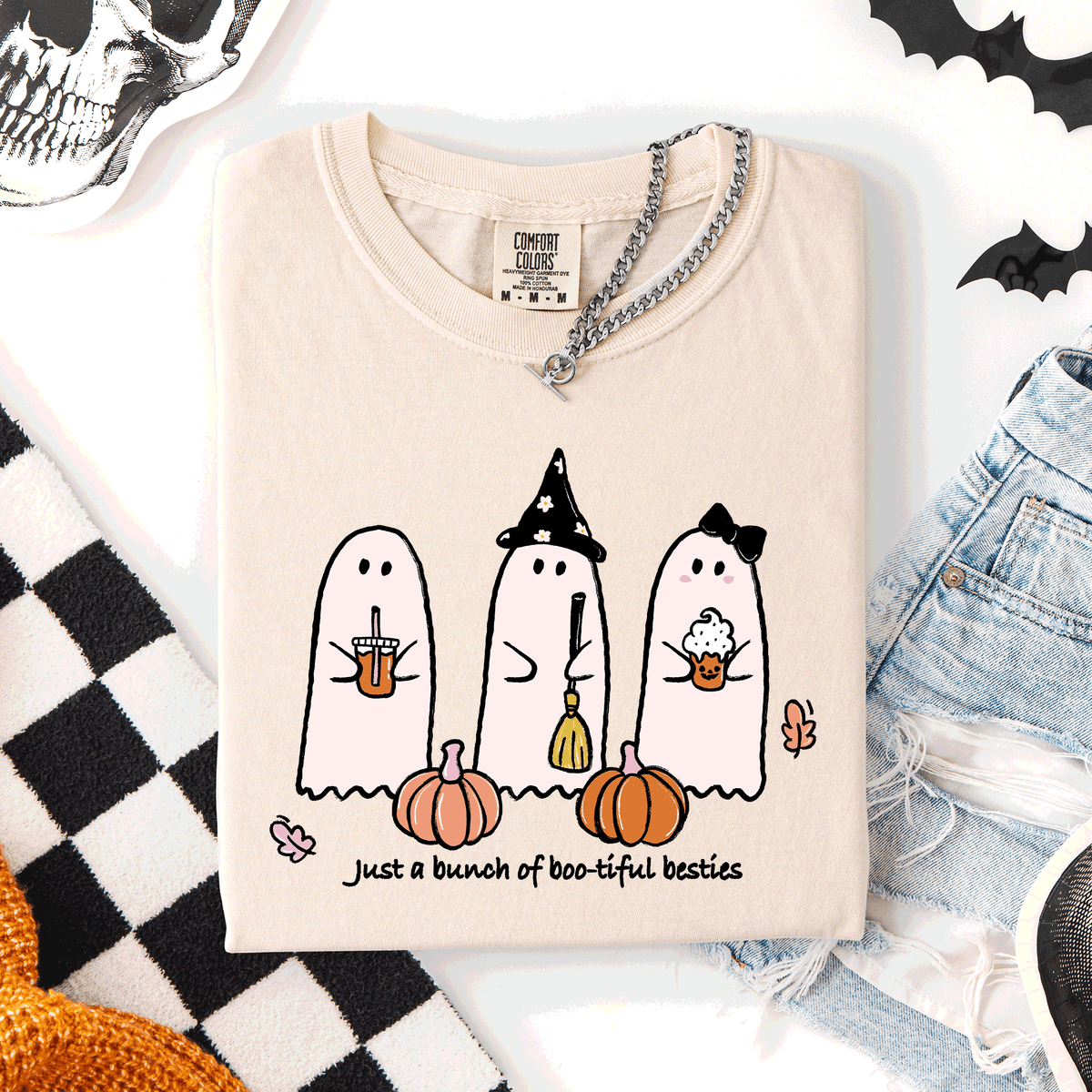 Besties Halloween Ghosts Cute Witch Pumpkin Festive Portrait Illustration Comfort Colors Tee Refinery No. 1