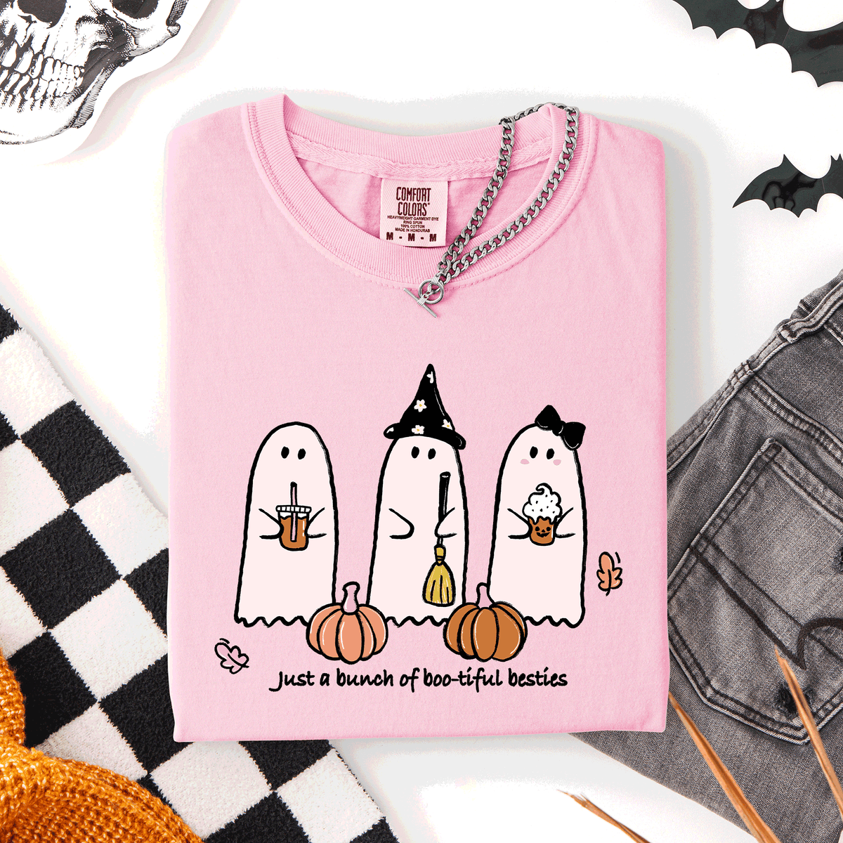 Besties Halloween Ghosts Cute Witch Pumpkin Festive Portrait Illustration Comfort Colors Tee Refinery No. 1