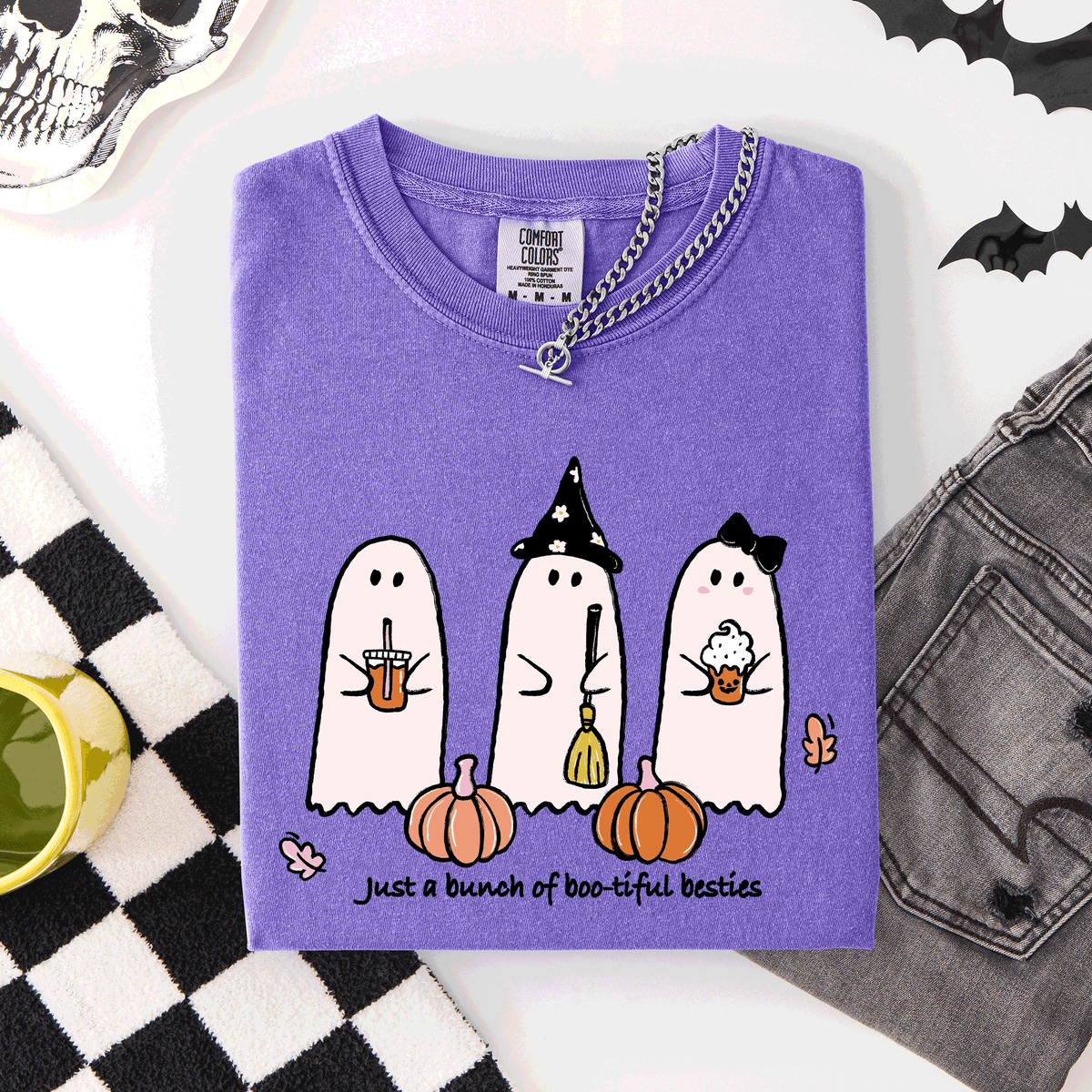 Besties Halloween Ghosts Cute Witch Pumpkin Festive Portrait Illustration Comfort Colors Tee Refinery No. 1
