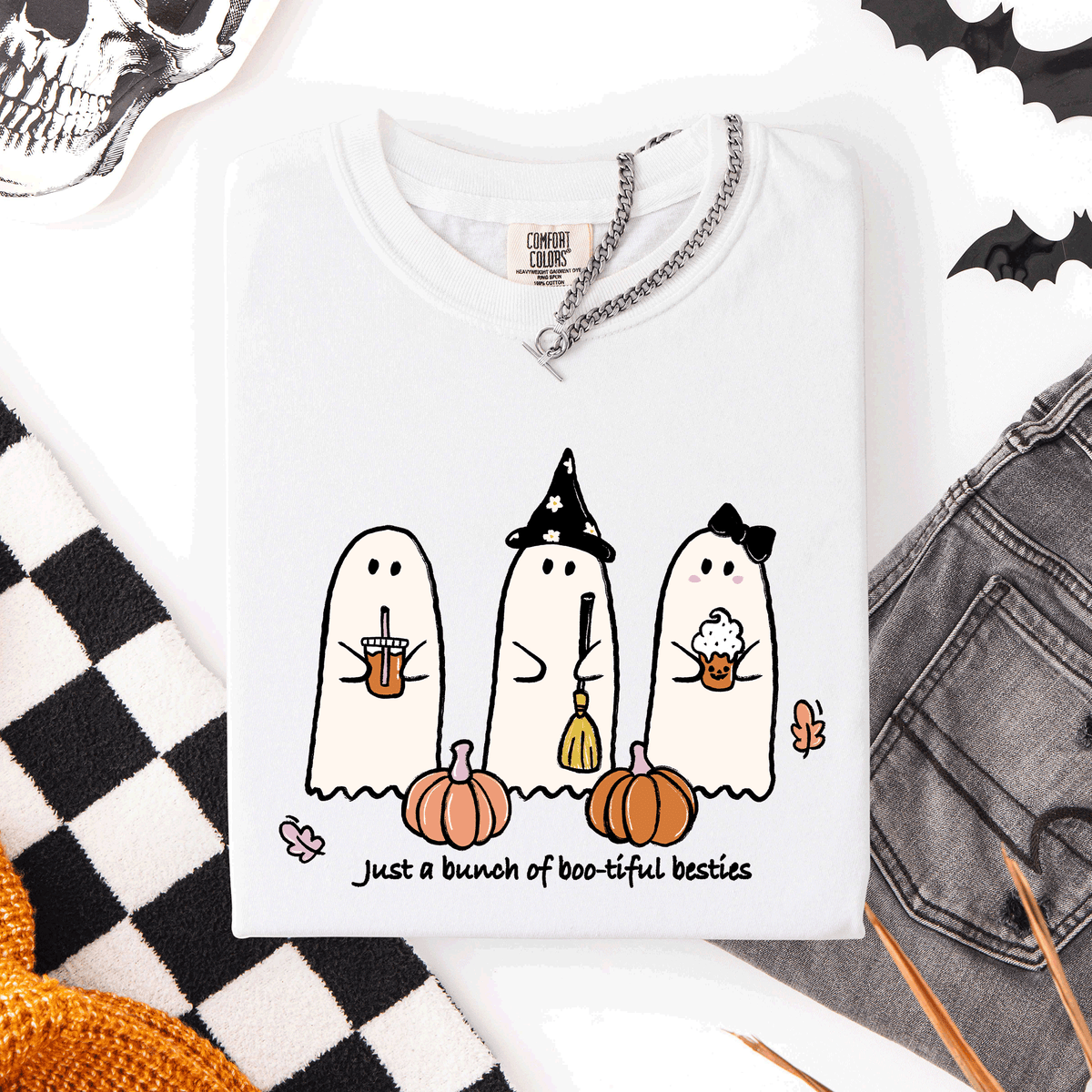 Besties Halloween Ghosts Cute Witch Pumpkin Festive Portrait Illustration Comfort Colors Tee Refinery No. 1