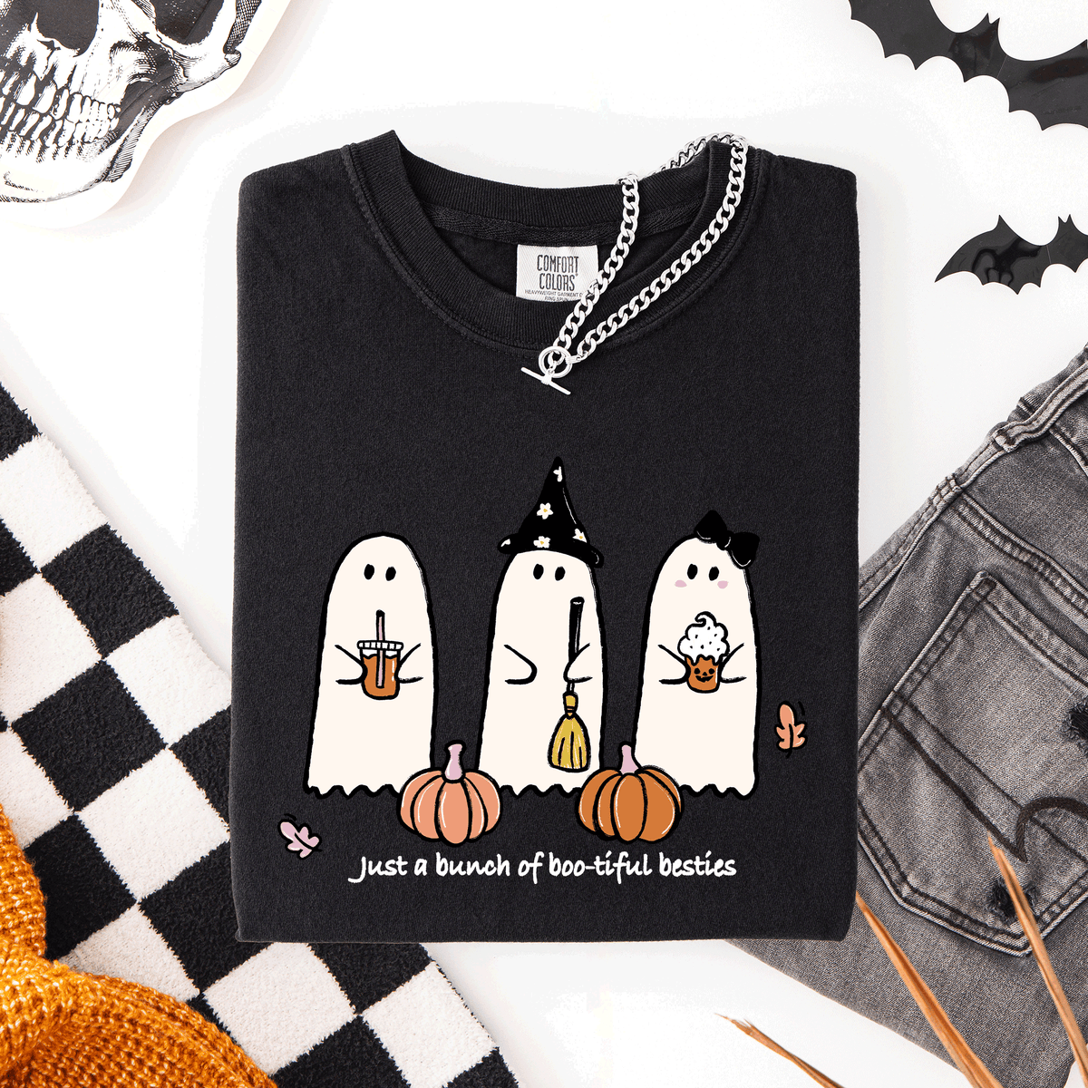 Besties Halloween Ghosts Cute Witch Pumpkin Festive Portrait Illustration Comfort Colors Tee Refinery No. 1