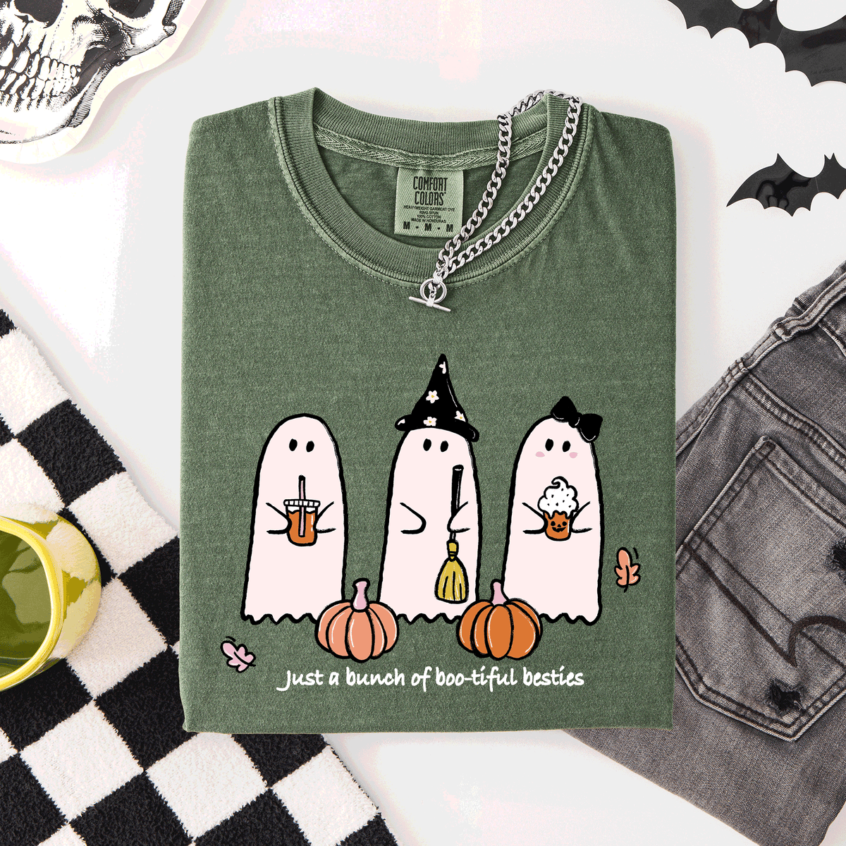 Besties Halloween Ghosts Cute Witch Pumpkin Festive Portrait Illustration Comfort Colors Tee Refinery No. 1