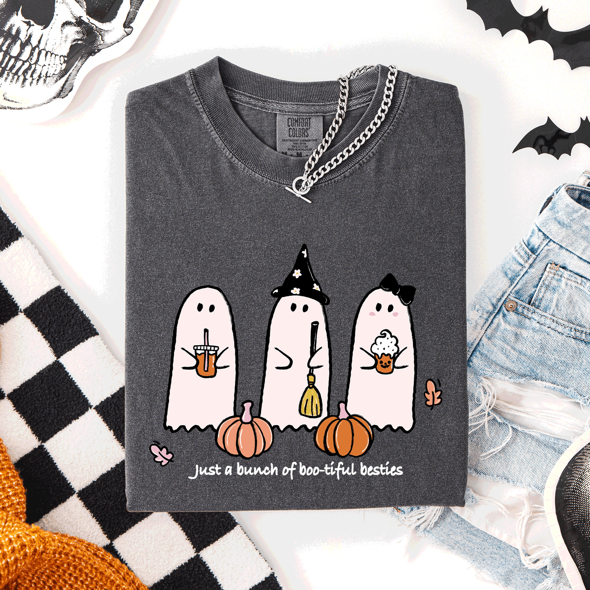 Besties Halloween Ghosts Cute Witch Pumpkin Festive Portrait Illustration Comfort Colors Tee Refinery No. 1