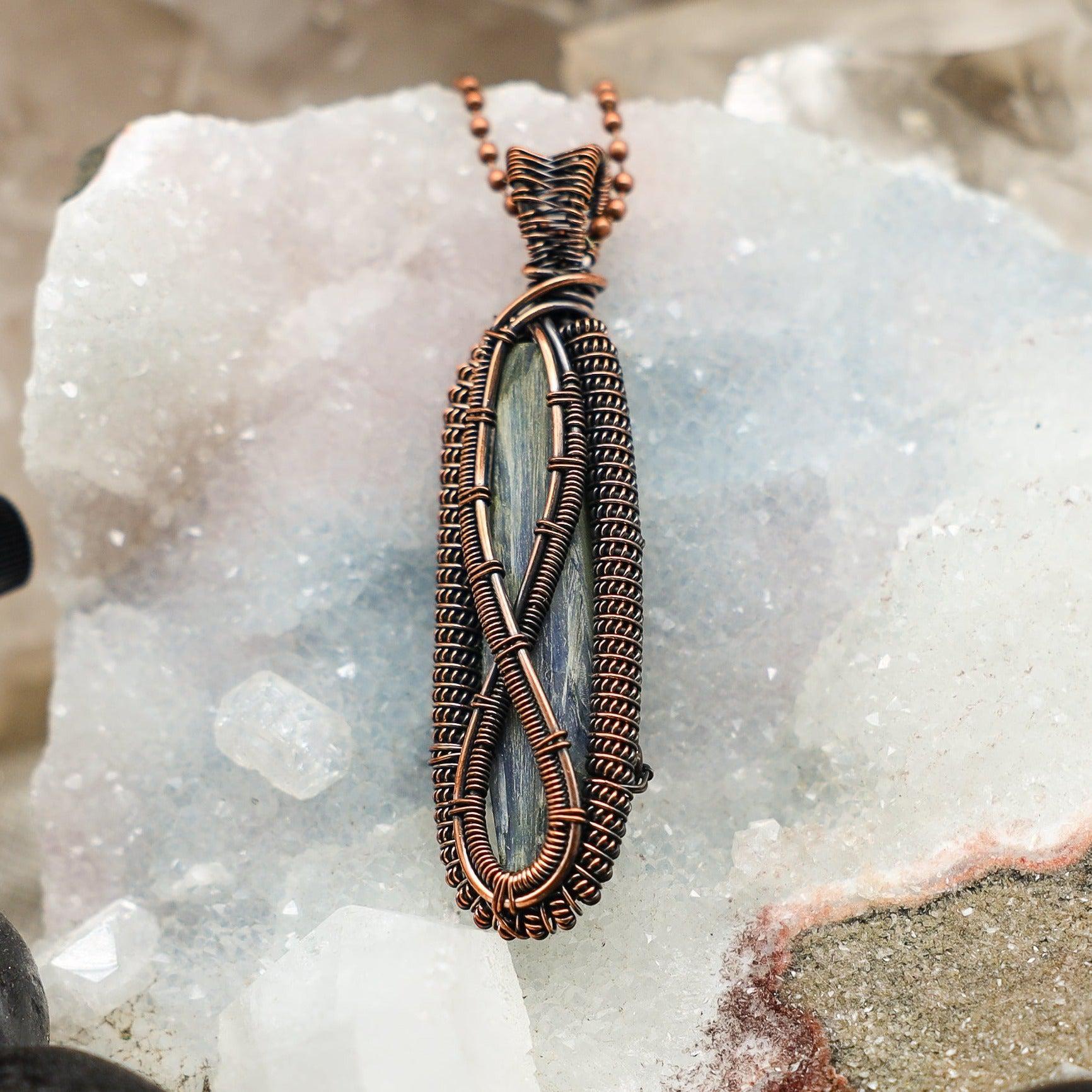 Blue Kyanite Crystal Wire Wrapped Pendant in Copper Crystal Destiny