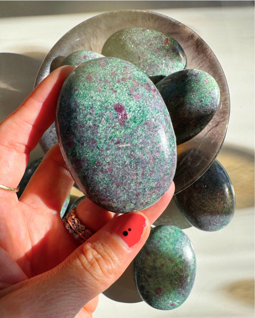 Ruby in Fuchsite with Blue Kyanite Palm Stones Baltic Mermaid
