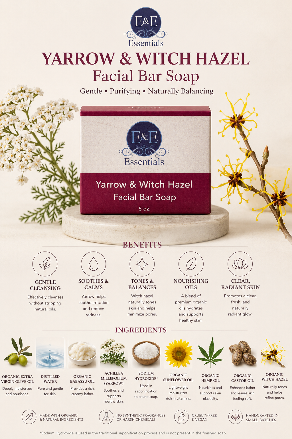 Yarrow & Witch Hazel Facial Bar Soap E & E Essentials
