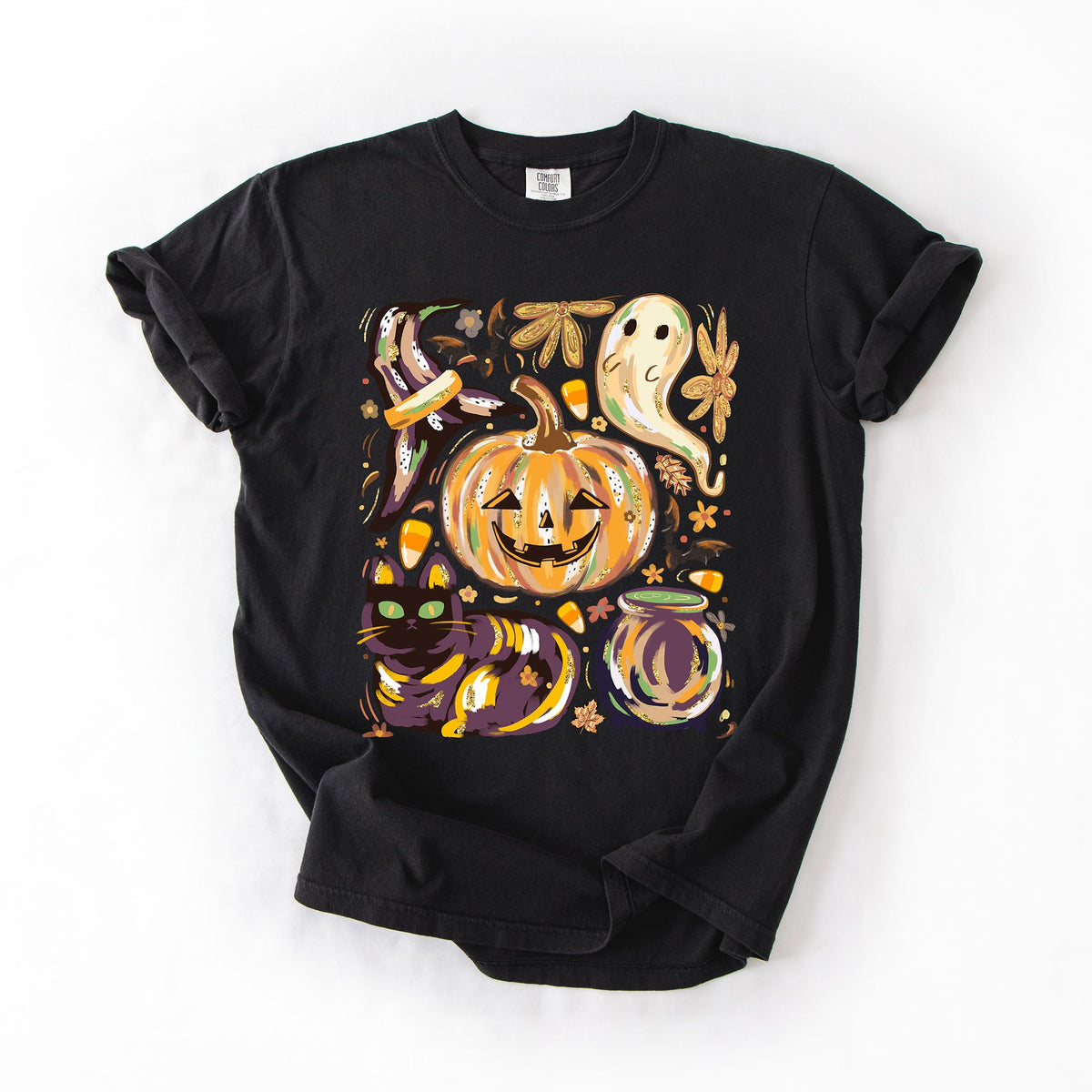Cute Halloween Painted Pumpkin Black Cat Ghost Witch Festive Scene Comfort Colors Tee Refinery No. 1