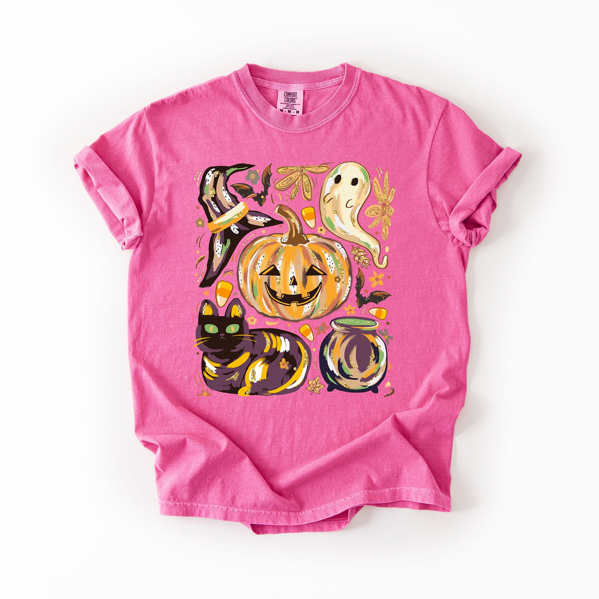 Cute Halloween Painted Pumpkin Black Cat Ghost Witch Festive Scene Comfort Colors Tee Refinery No. 1