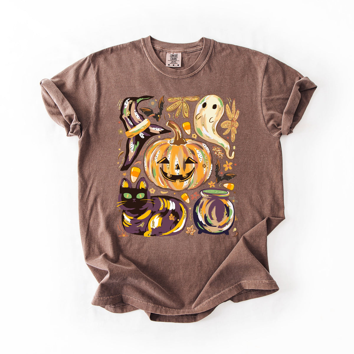 Cute Halloween Painted Pumpkin Black Cat Ghost Witch Festive Scene Comfort Colors Tee Refinery No. 1