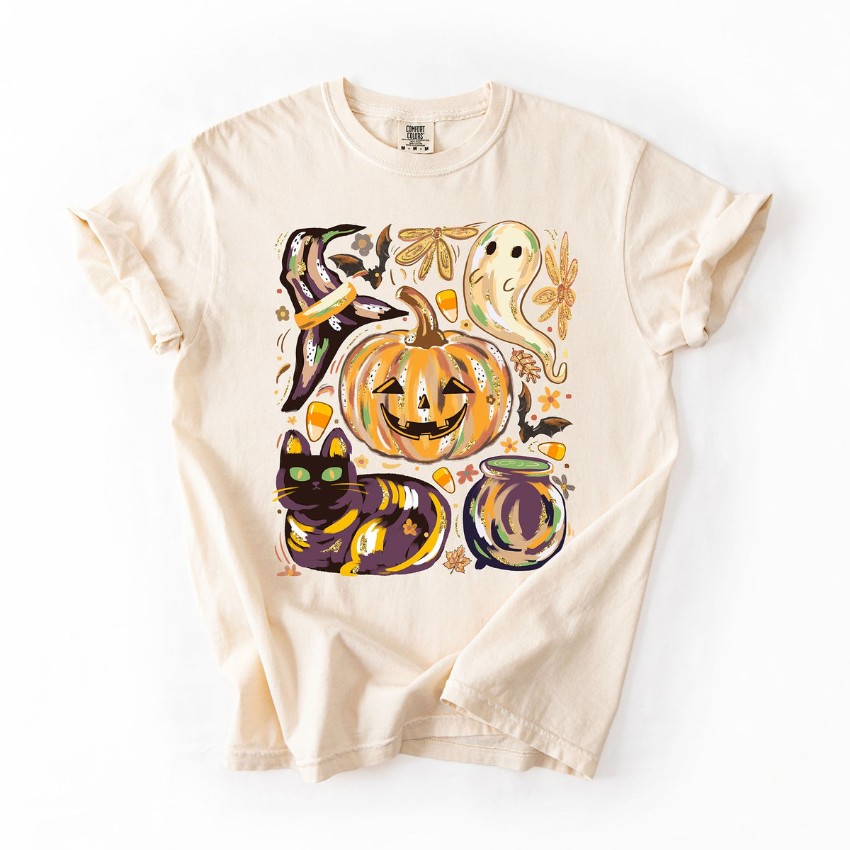 Cute Halloween Painted Pumpkin Black Cat Ghost Witch Festive Scene Comfort Colors Tee Refinery No. 1
