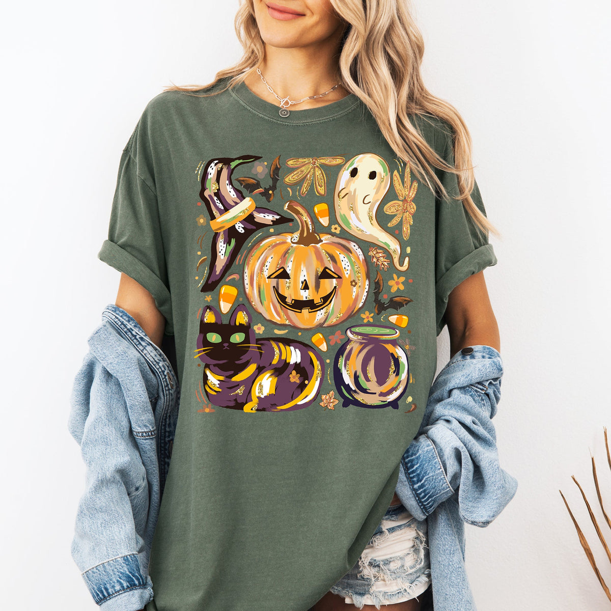 Cute Halloween Painted Pumpkin Black Cat Ghost Witch Festive Scene Comfort Colors Tee Refinery No. 1