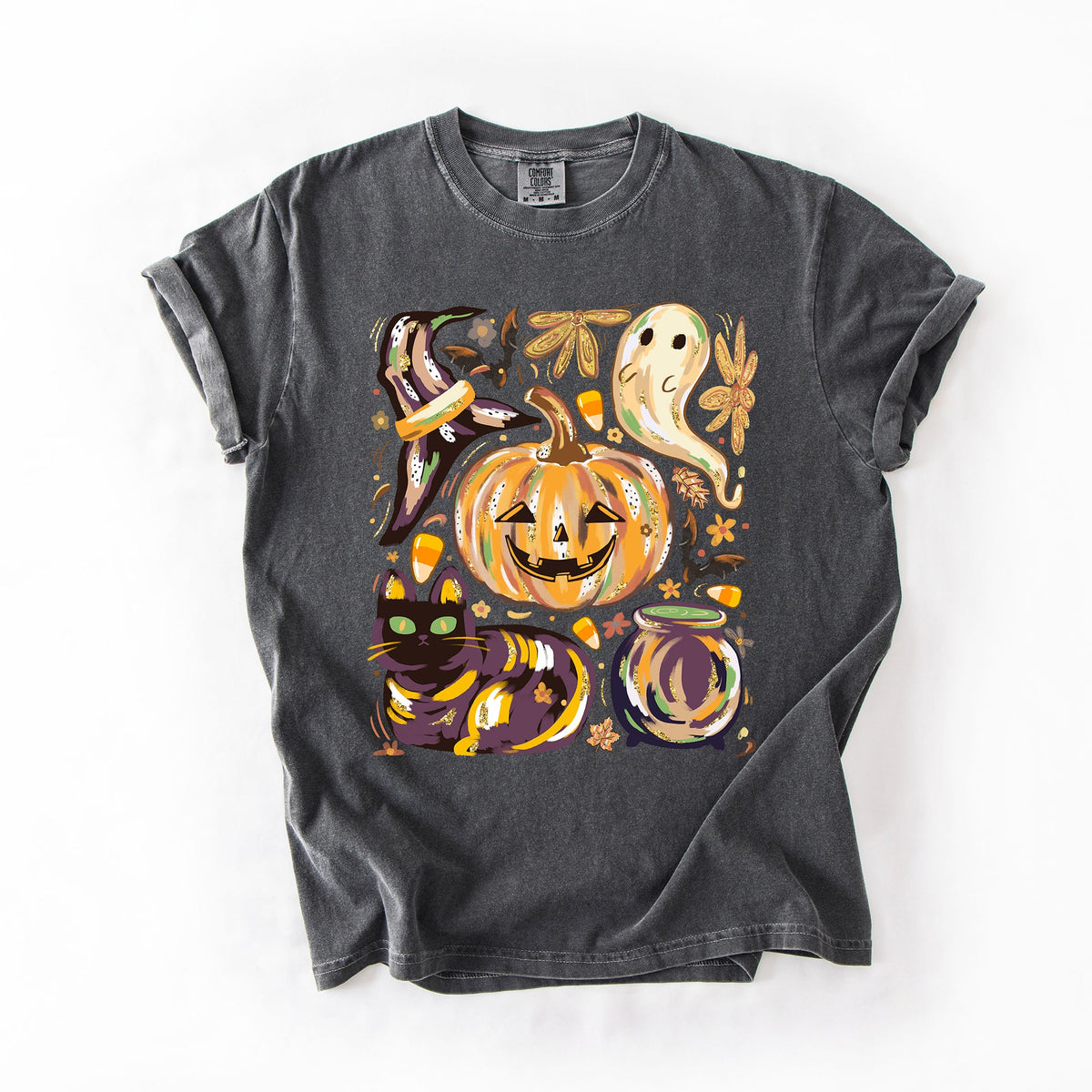 Cute Halloween Painted Pumpkin Black Cat Ghost Witch Festive Scene Comfort Colors Tee Refinery No. 1