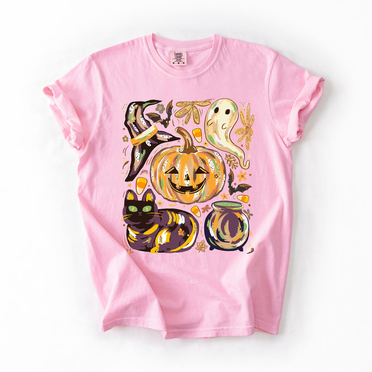 Cute Halloween Painted Pumpkin Black Cat Ghost Witch Festive Scene Comfort Colors Tee Refinery No. 1