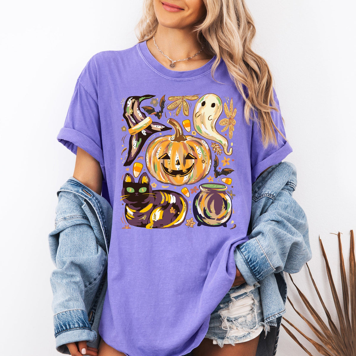 Cute Halloween Painted Pumpkin Black Cat Ghost Witch Festive Scene Comfort Colors Tee Refinery No. 1