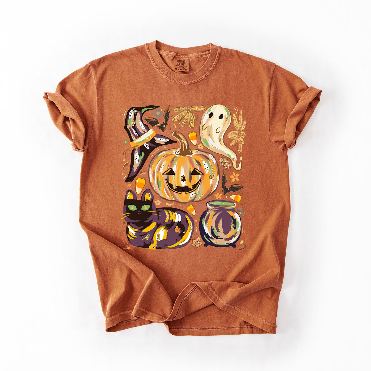 Cute Halloween Painted Pumpkin Black Cat Ghost Witch Festive Scene Comfort Colors Tee Refinery No. 1