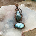 Dual Labradorite Crystal Copper Wire Wrap Pendant Double Crystal Destiny