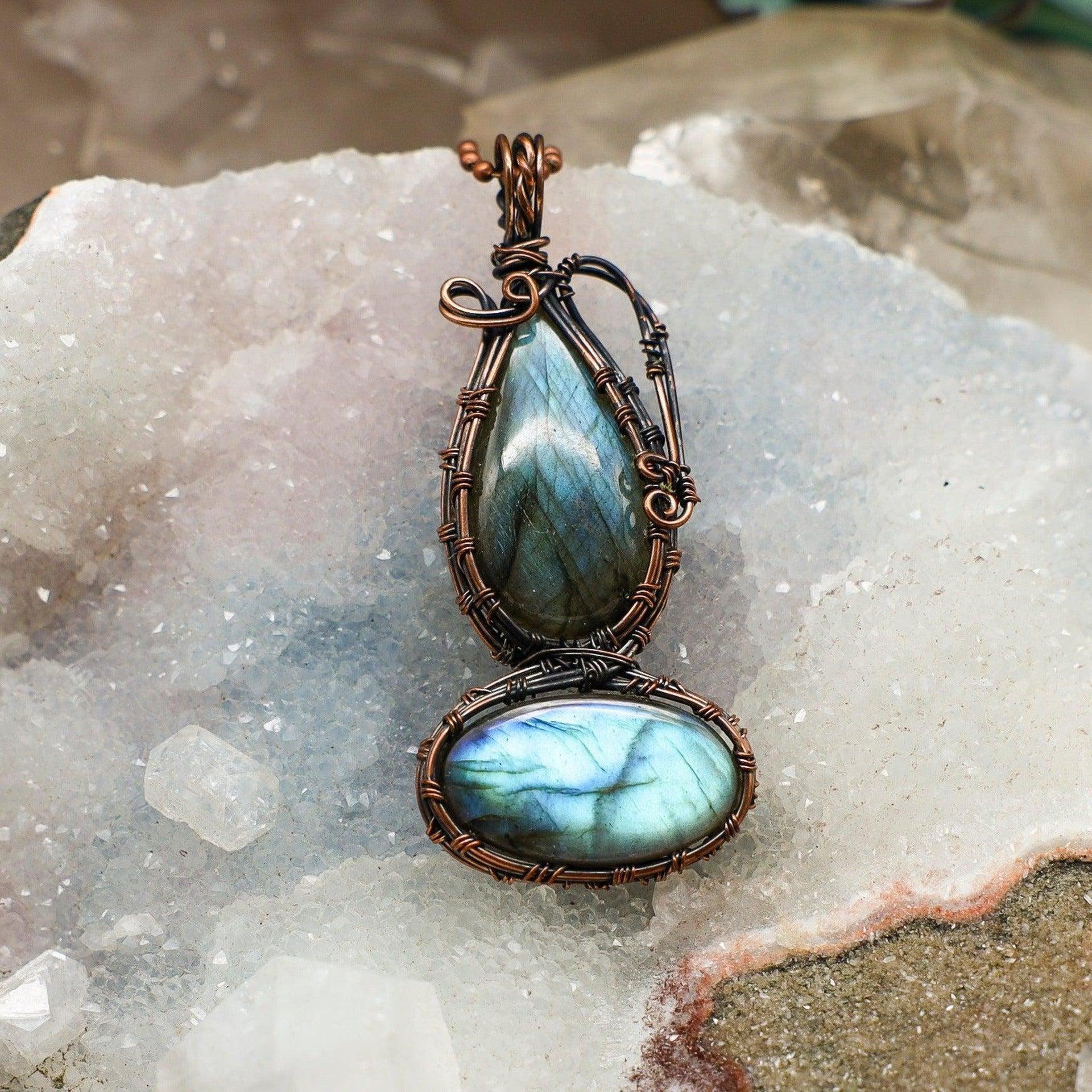 Dual Labradorite Crystal Copper Wire Wrap Pendant Double Crystal Destiny
