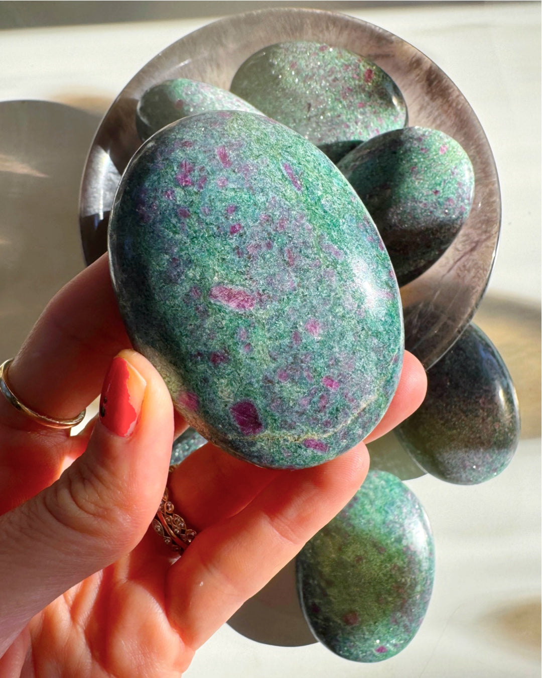 Ruby in Fuchsite with Blue Kyanite Palm Stones Baltic Mermaid