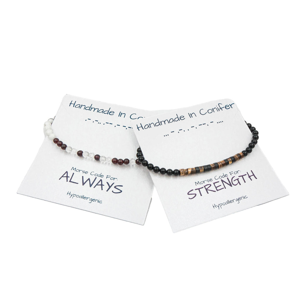 Strength Morse Code Bracelet In Tiger Eye & Onyx Earth Song Jewelry