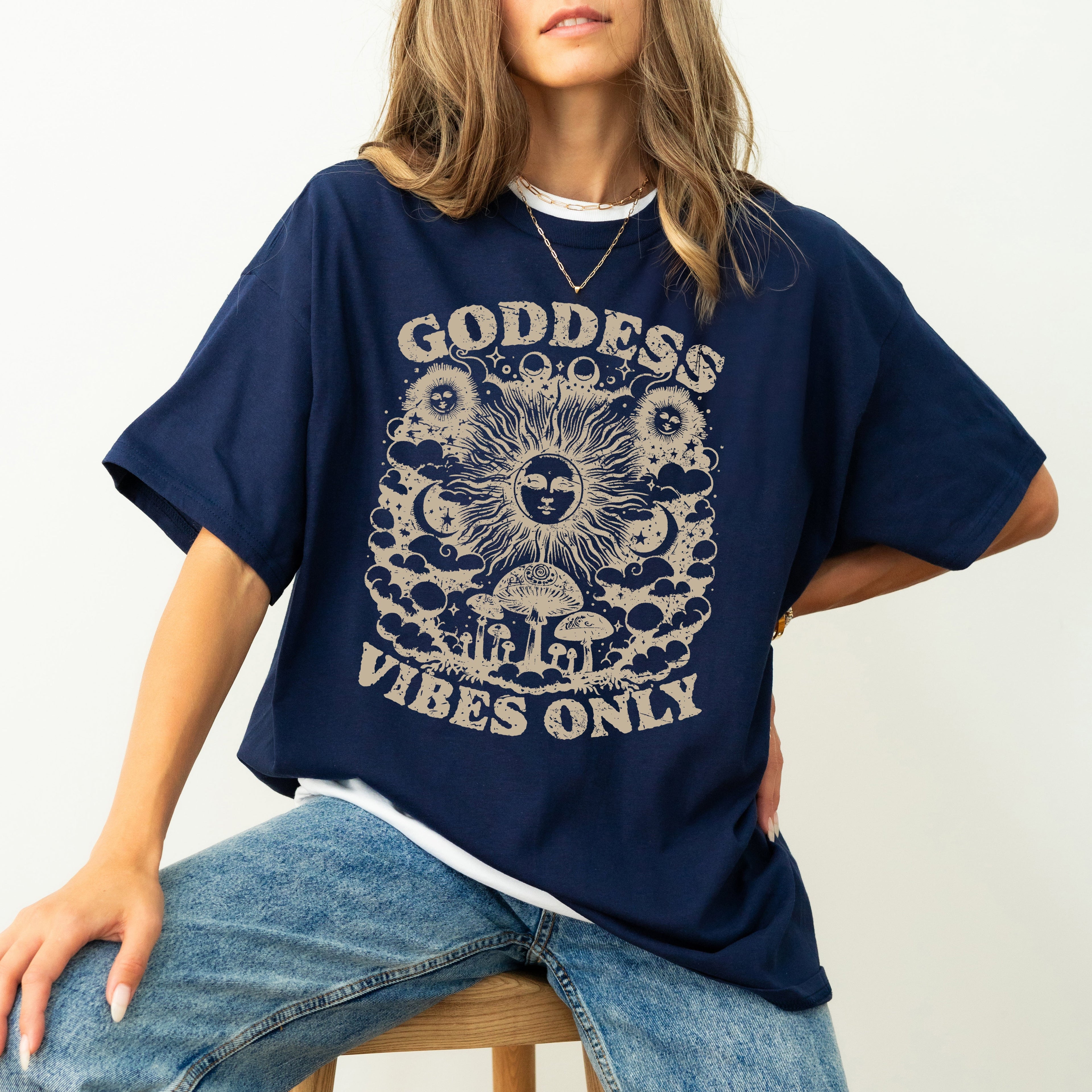 Goddess Vibes Only Spiritual Tarot Mystical Moon Sun Mushrooms Self Care Mental Health Comfort Colors Tee Refinery No. 1